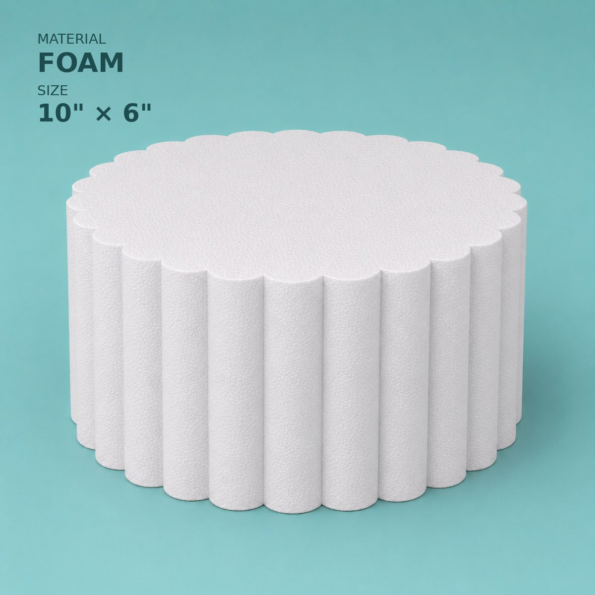 Scalloped foam cake dummy 10 inch diameter, 6 inch tall, wave-cut edge, smooth white finish, ready to decorate