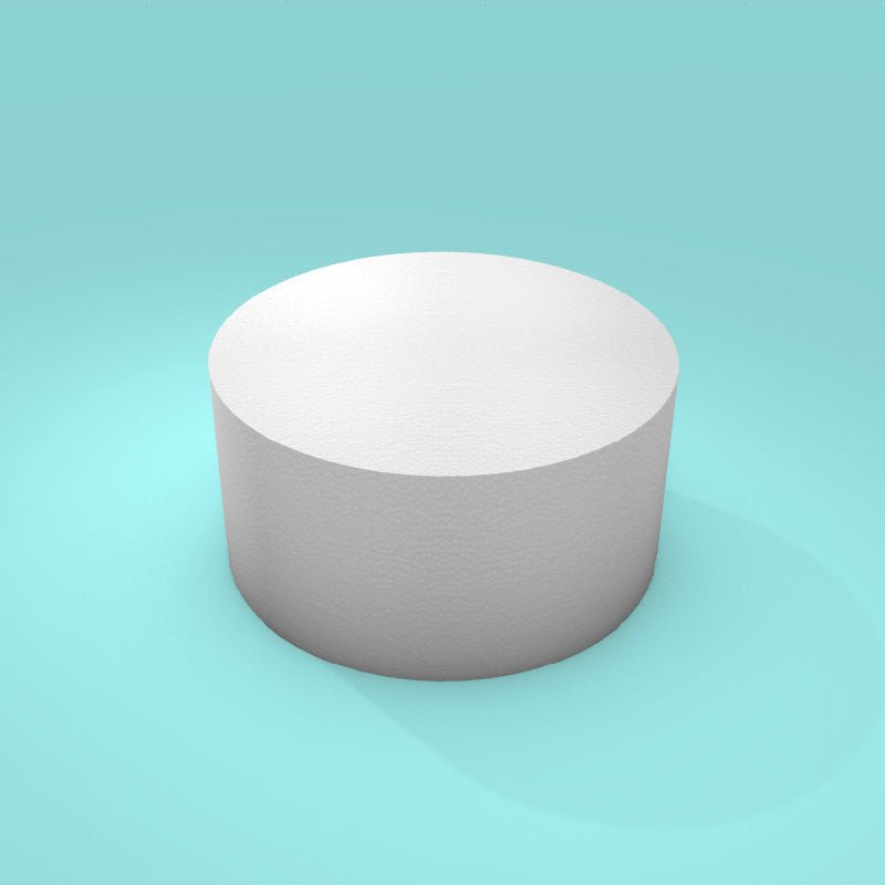 Round foam cake dummy 8 inch diameter by 4 inch tall, smooth white finish, ready to decorate