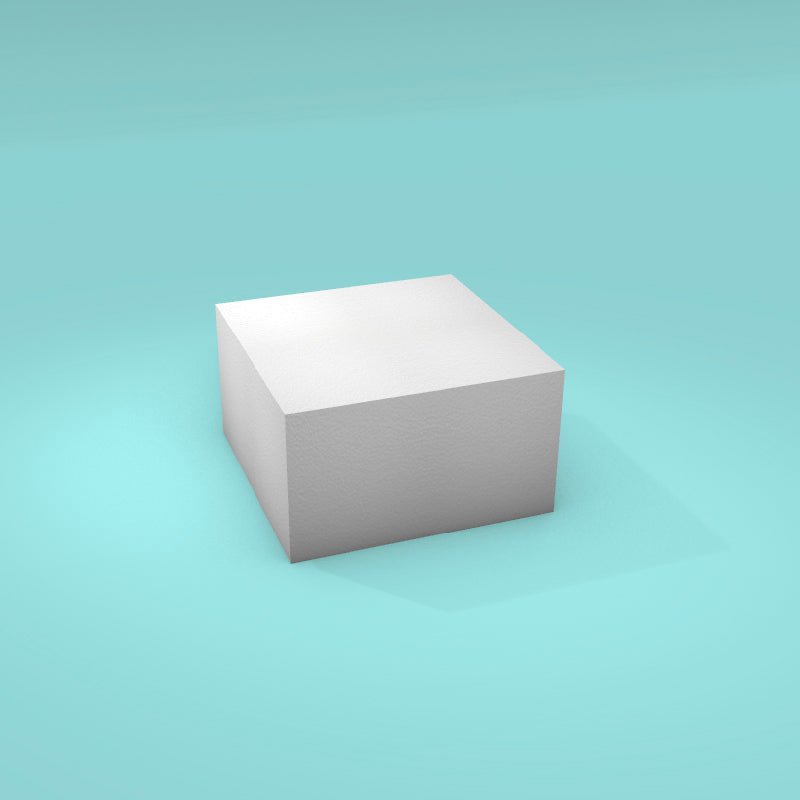 Square foam cake dummy 7 inch by 7 inch, 4 inch tall, smooth white finish, ready to decorate