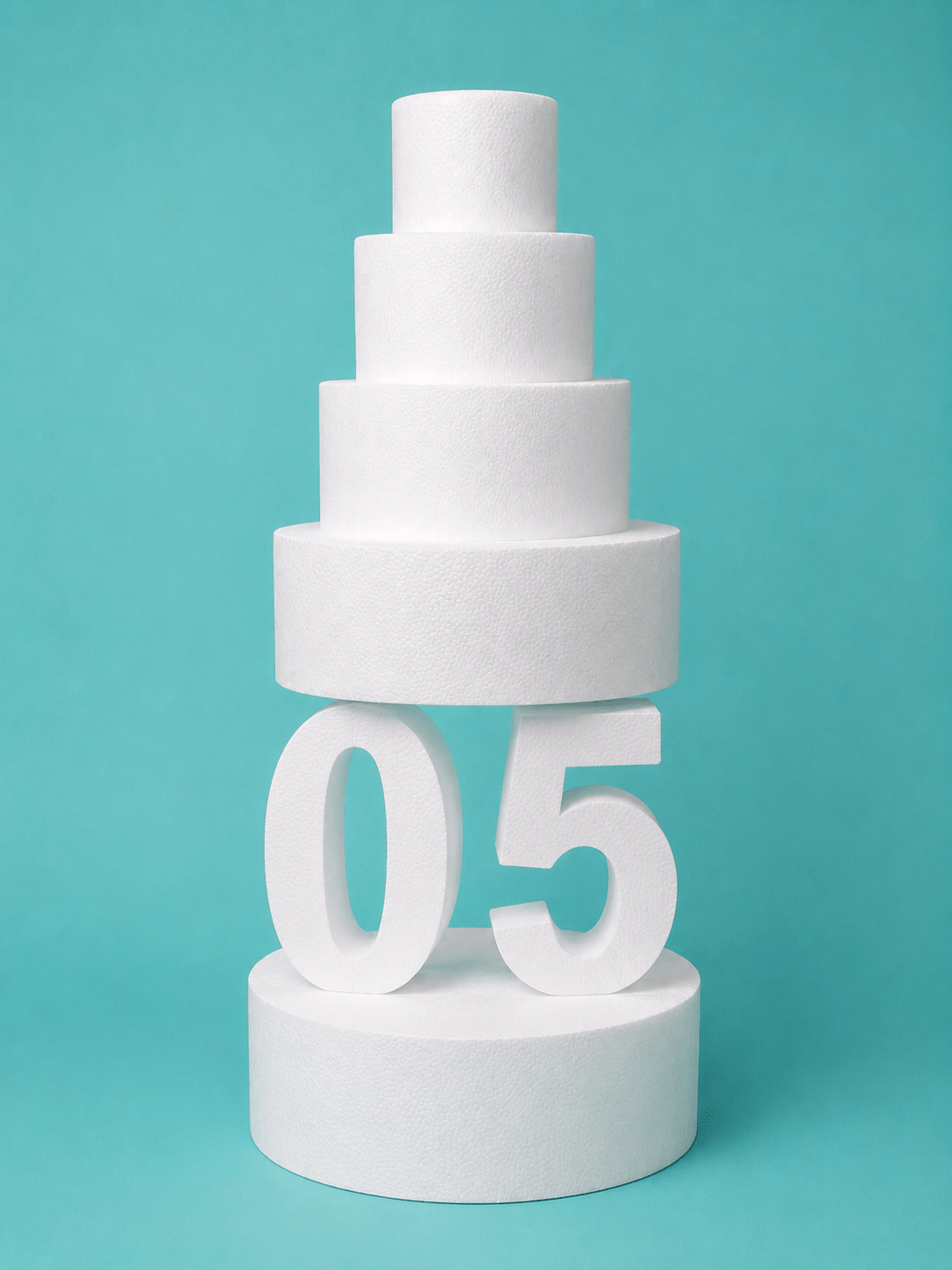 Number 5 foam cake dummy, 14 inch tall digit, 5 inch thick, smooth white finish, ready to decorate