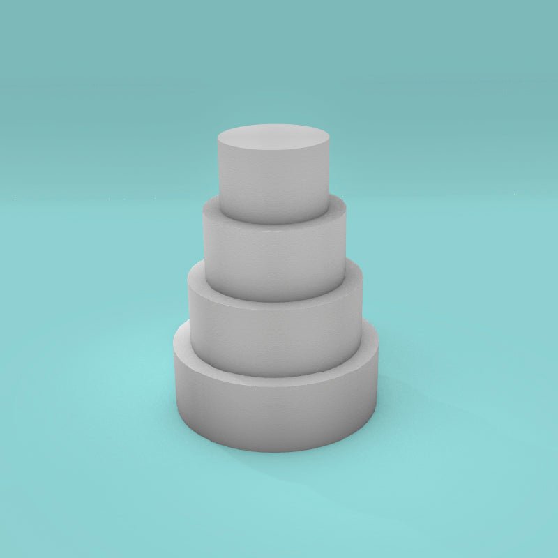 Round foam cake dummy tower set, 4 inch tall tiers, 6/8/10/12 inch diameters, ready to decorate
