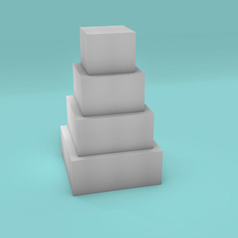 Square foam cake dummy tower set, 5 inch tall tiers, 6/8/10/12 inch sizes, ready to decorate