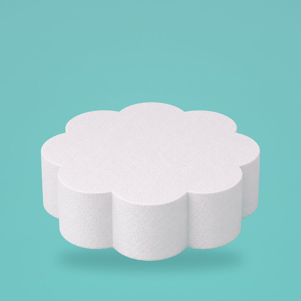Petal foam cake dummy 10 inch diameter, 4 inch tall, rounded lobed edge, smooth white finish, ready to decorate