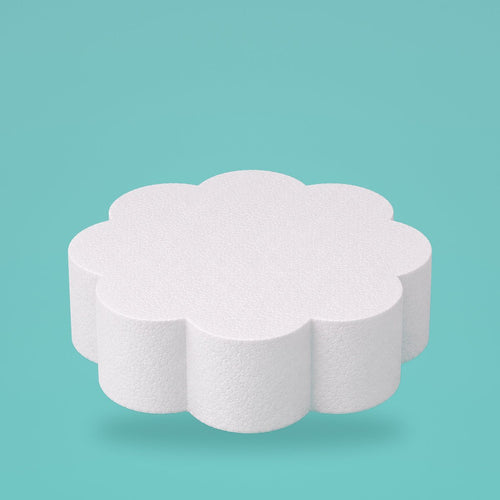 Petal foam cake dummy 10 inch diameter, 4 inch tall, rounded lobed edge, smooth white finish, ready to decorate