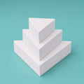 Three tier triangle foam cake dummy set, 6 inch, 9 inch and 12 inch point to point, each 5 inch tall, smooth white finish