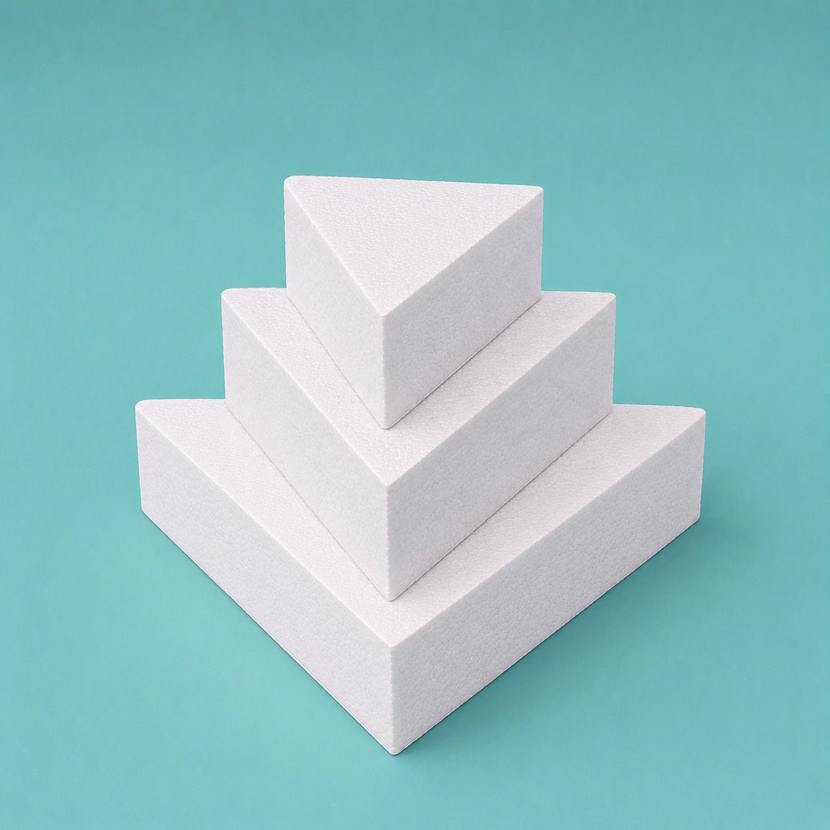 Three tier triangle foam cake dummy set, 6 inch, 9 inch and 12 inch point to point, each 5 inch tall, smooth white finish