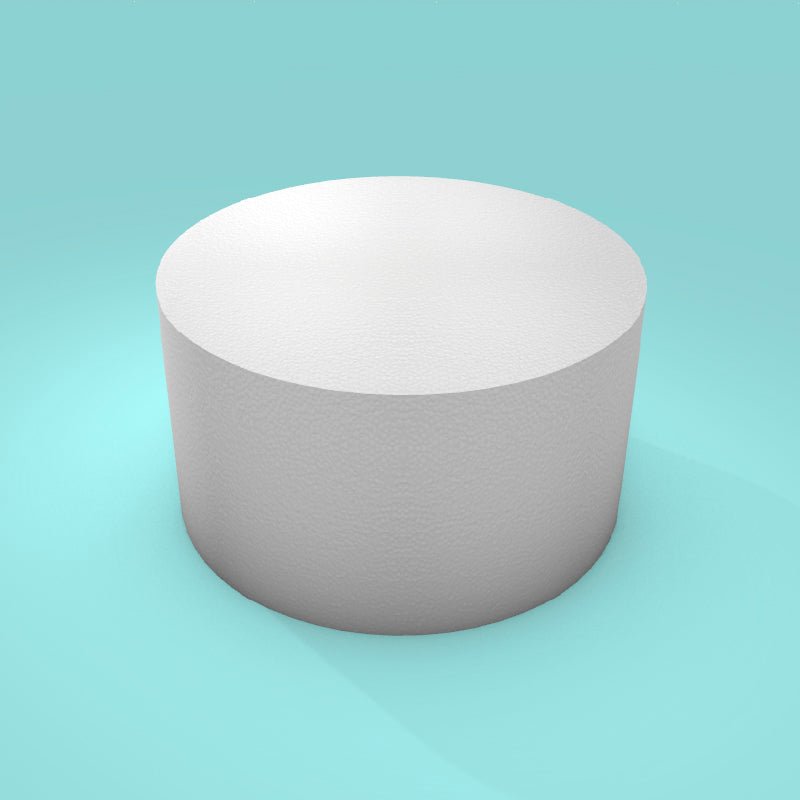 Round foam cake dummy 9 inch diameter by 5 inch tall, smooth white finish, ready to decorate