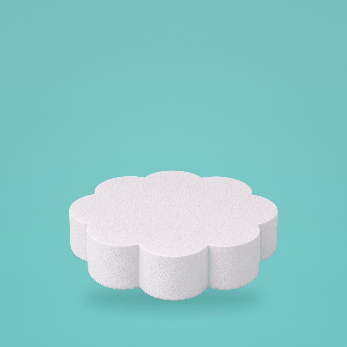 Petal foam cake dummy 8 inch diameter, 3 inch tall, rounded lobed edge, smooth white finish, ready to decorate
