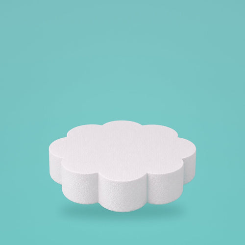 Petal foam cake dummy 8 inch diameter, 3 inch tall, rounded lobed edge, smooth white finish, ready to decorate