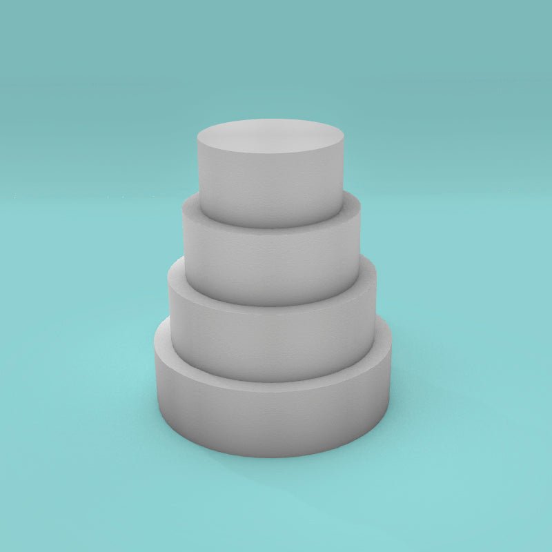 Round foam cake dummy tower set, 4 inch tall tiers, 8/10/12/14 inch diameters, ready to decorate