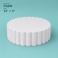 Scalloped foam cake dummy 14 inch diameter, 3 inch tall, wave-cut edge, smooth white finish, ready to decorate