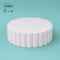 Scalloped foam cake dummy 6 inch diameter, 3 inch tall, wave-cut edge, smooth white finish, ready to decorate