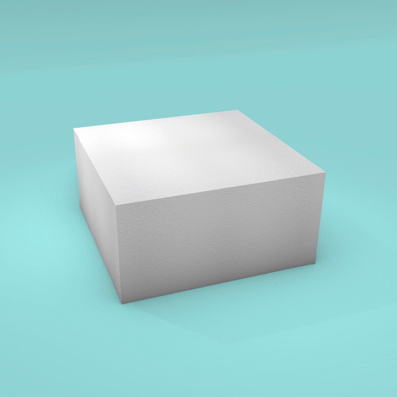 Square foam cake dummy 10 inch by 10 inch, 5 inch tall, smooth white finish, ready to decorate