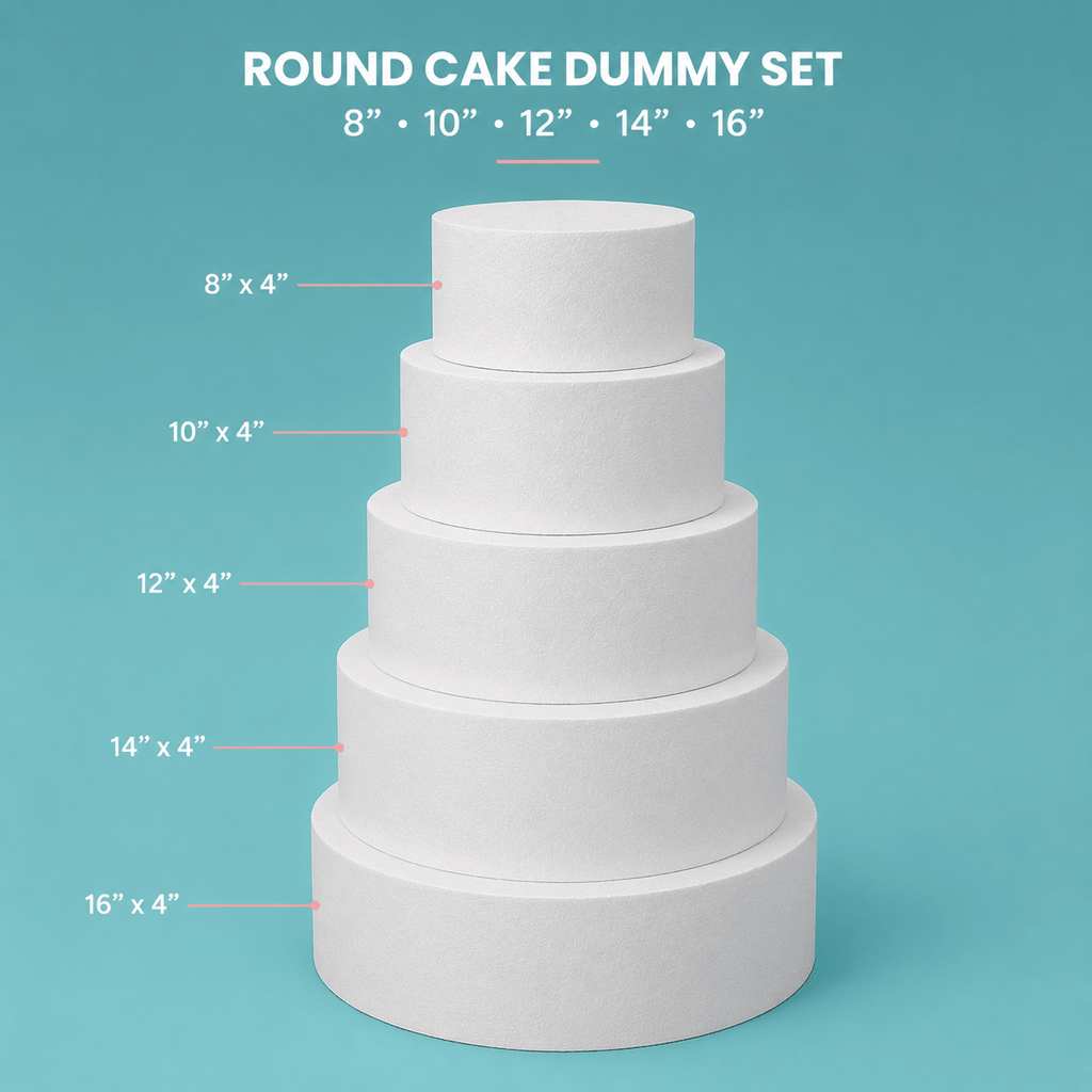 Round foam cake dummy tower set, 4 inch tall tiers, 8/10/12/14/16 inch diameters, ready to decorate