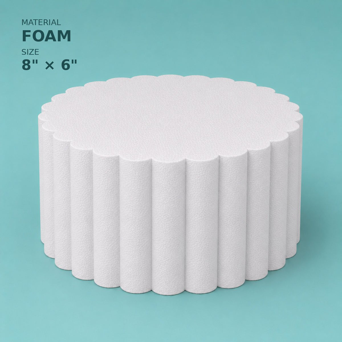 Scalloped foam cake dummy 8 inch diameter, 6 inch tall, wave-cut edge, smooth white finish, ready to decorate