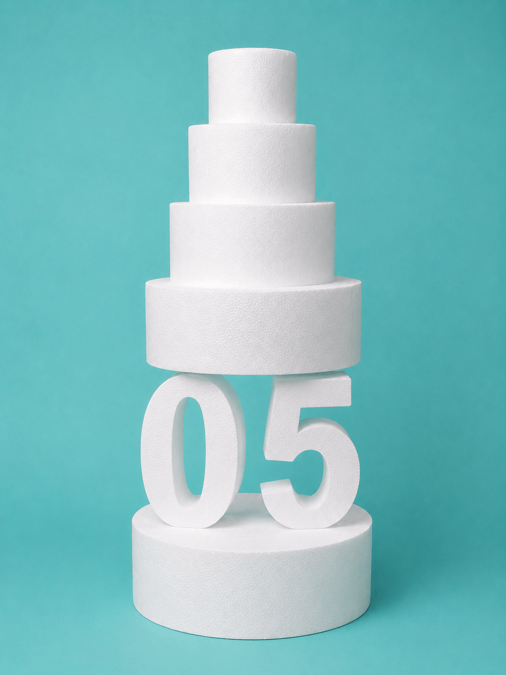 Number 5 foam cake dummy, 14 inch tall digit, 6 inch thick, smooth white finish, ready to decorate