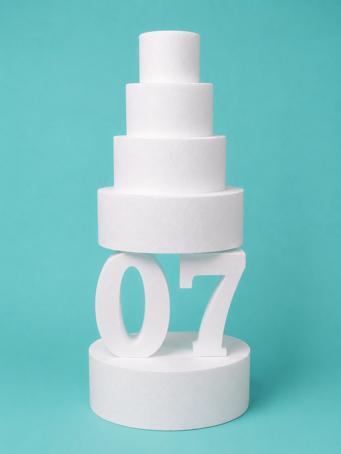 Number 7 foam cake dummy, 14 inch tall digit, 5 inch thick, smooth white finish, ready to decorate