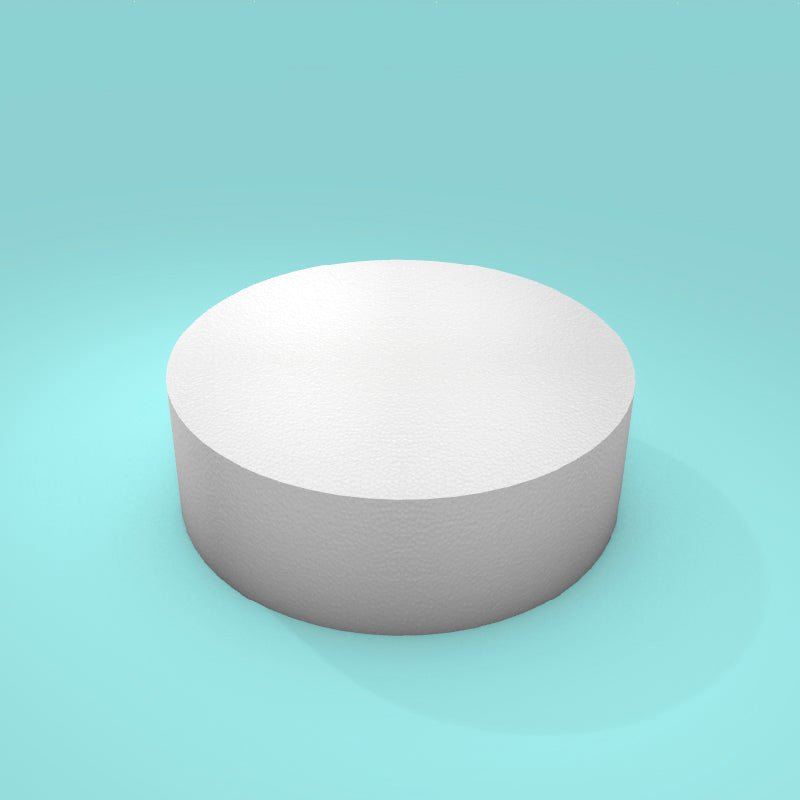 Round foam cake dummy 9 inch diameter by 3 inch tall, smooth white finish, ready to decorate