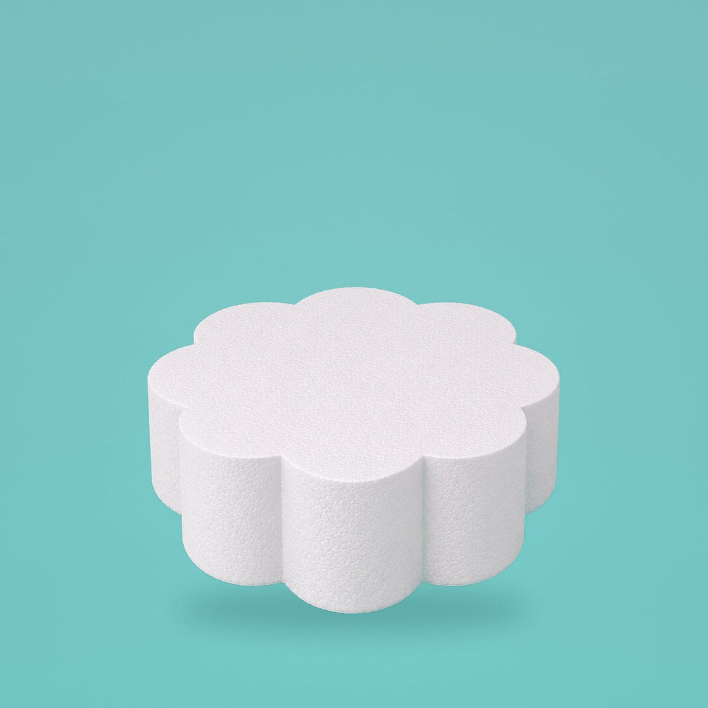 Petal foam cake dummy 8 inch diameter, 4 inch tall, rounded lobed edge, smooth white finish, ready to decorate