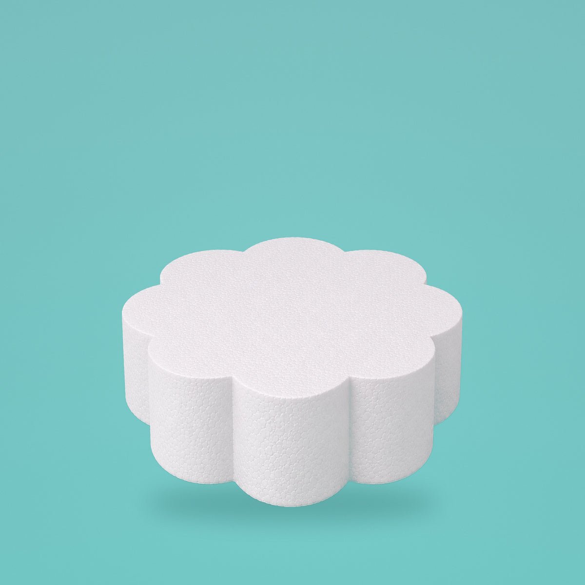 Petal foam cake dummy 8 inch diameter, 4 inch tall, rounded lobed edge, smooth white finish, ready to decorate