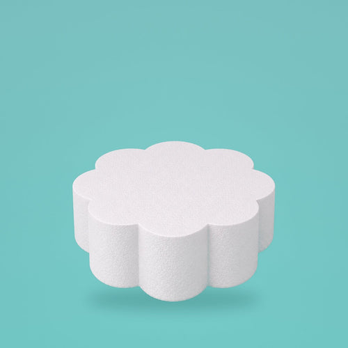Petal foam cake dummy 8 inch diameter, 4 inch tall, rounded lobed edge, smooth white finish, ready to decorate