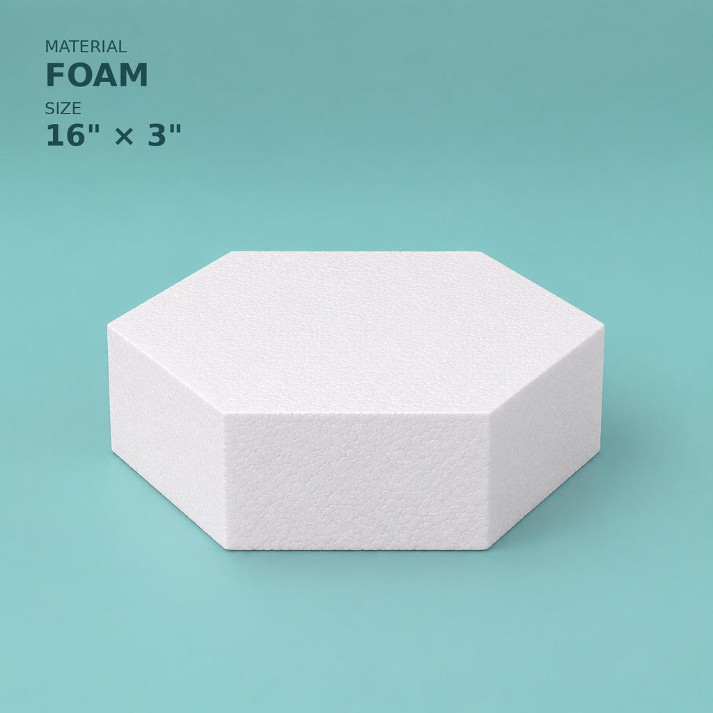 Hexagon foam cake dummy 16 inch point to point, 3 inch tall, smooth white finish, ready to decorate