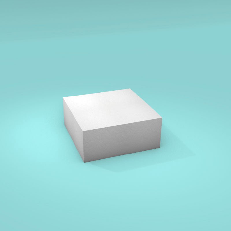 Square foam cake dummy 7 inch by 7 inch, 3 inch tall, smooth white finish, ready to decorate