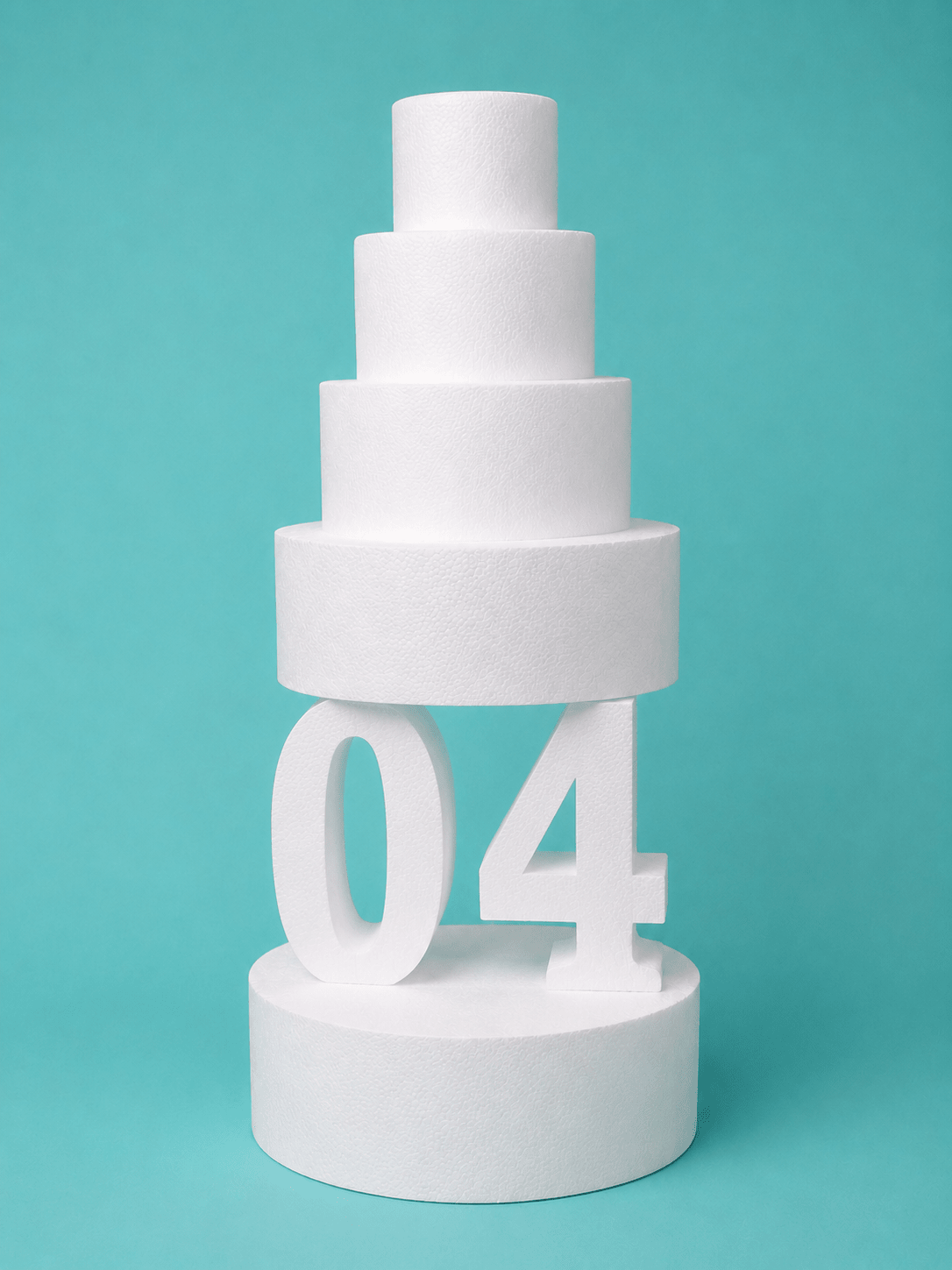 Number 4 foam cake dummy, 14 inch tall digit, 6 inch thick, smooth white finish, ready to decorate
