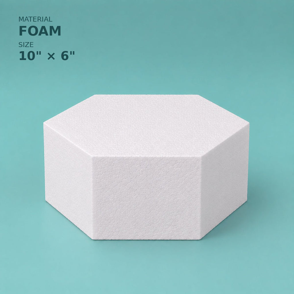Hexagon foam cake dummy 10 inch point to point, 6 inch tall, smooth white finish, ready to decorate