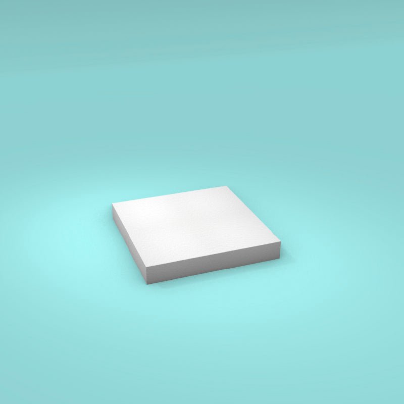 Square foam cake dummy 7 inch by 7 inch, 1 inch tall, smooth white finish, ready to decorate