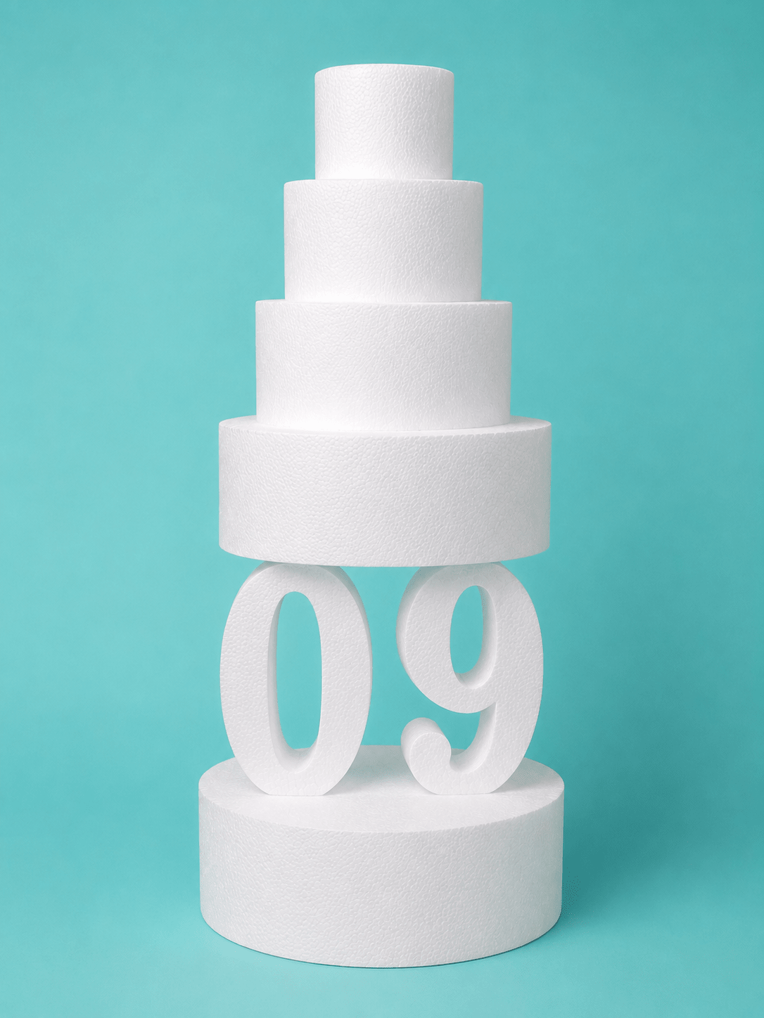 Number 9 foam cake dummy, 14 inch tall digit, 6 inch thick, smooth white finish, ready to decorate