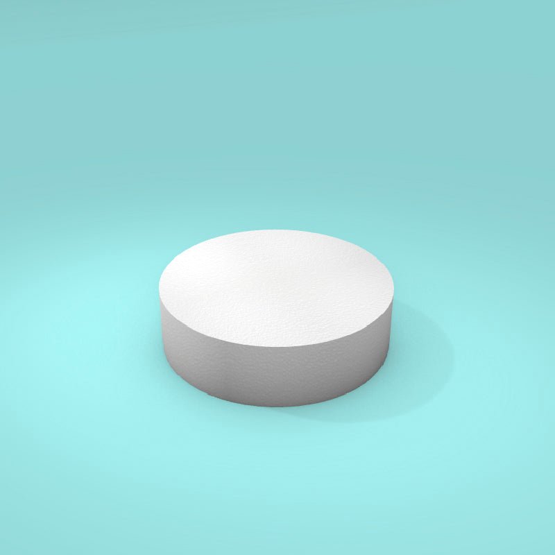 Round foam cake dummy 7 inch diameter by 2 inch tall, smooth white finish, ready to decorate