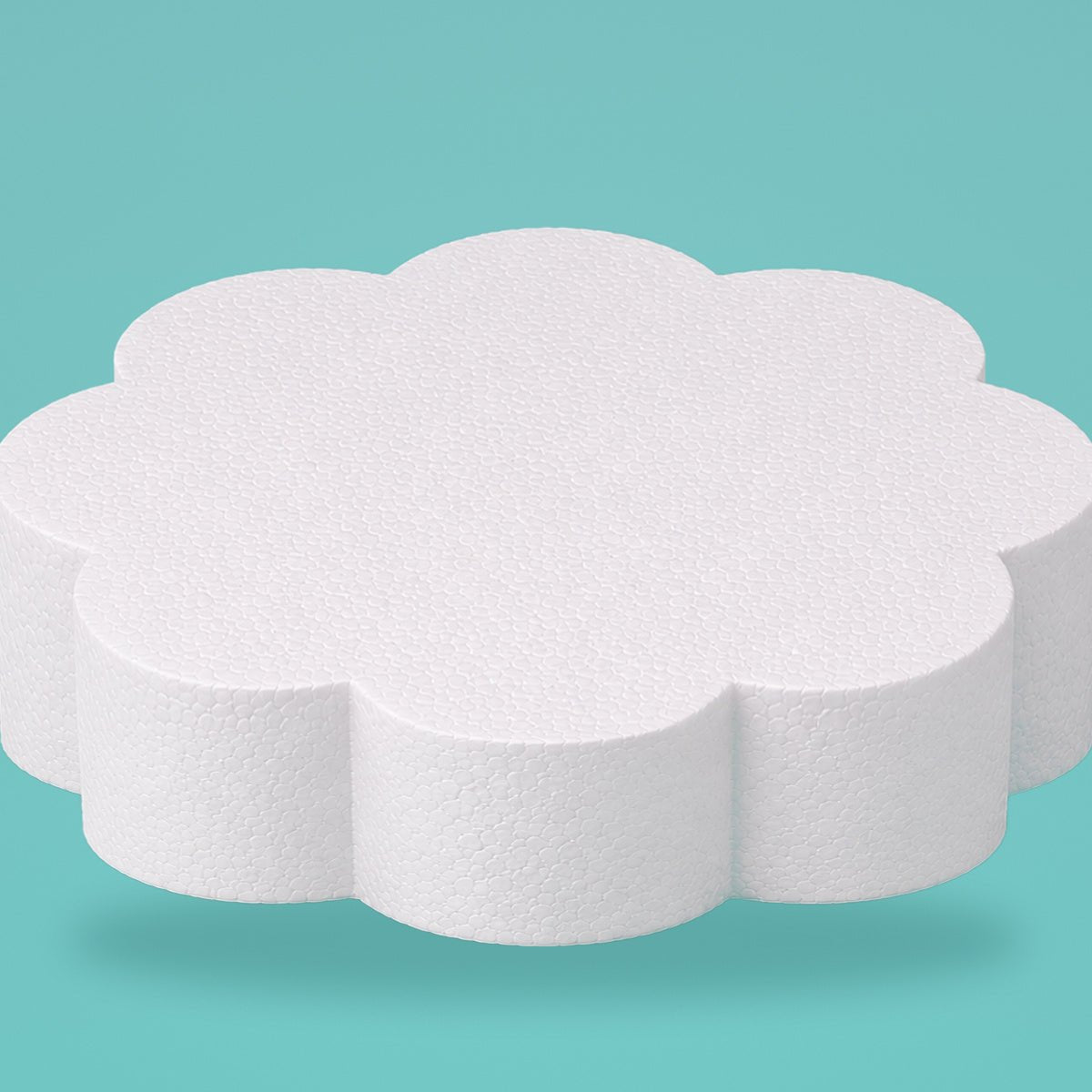 Petal foam cake dummy 14 inch diameter, 4 inch tall, rounded lobed edge, smooth white finish, ready to decorate