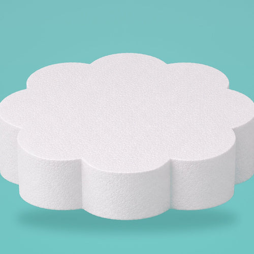 Petal foam cake dummy 14 inch diameter, 4 inch tall, rounded lobed edge, smooth white finish, ready to decorate