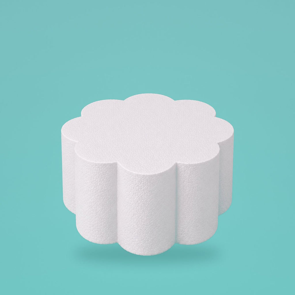 Petal foam cake dummy 8 inch diameter, 6 inch tall, rounded lobed edge, smooth white finish, ready to decorate