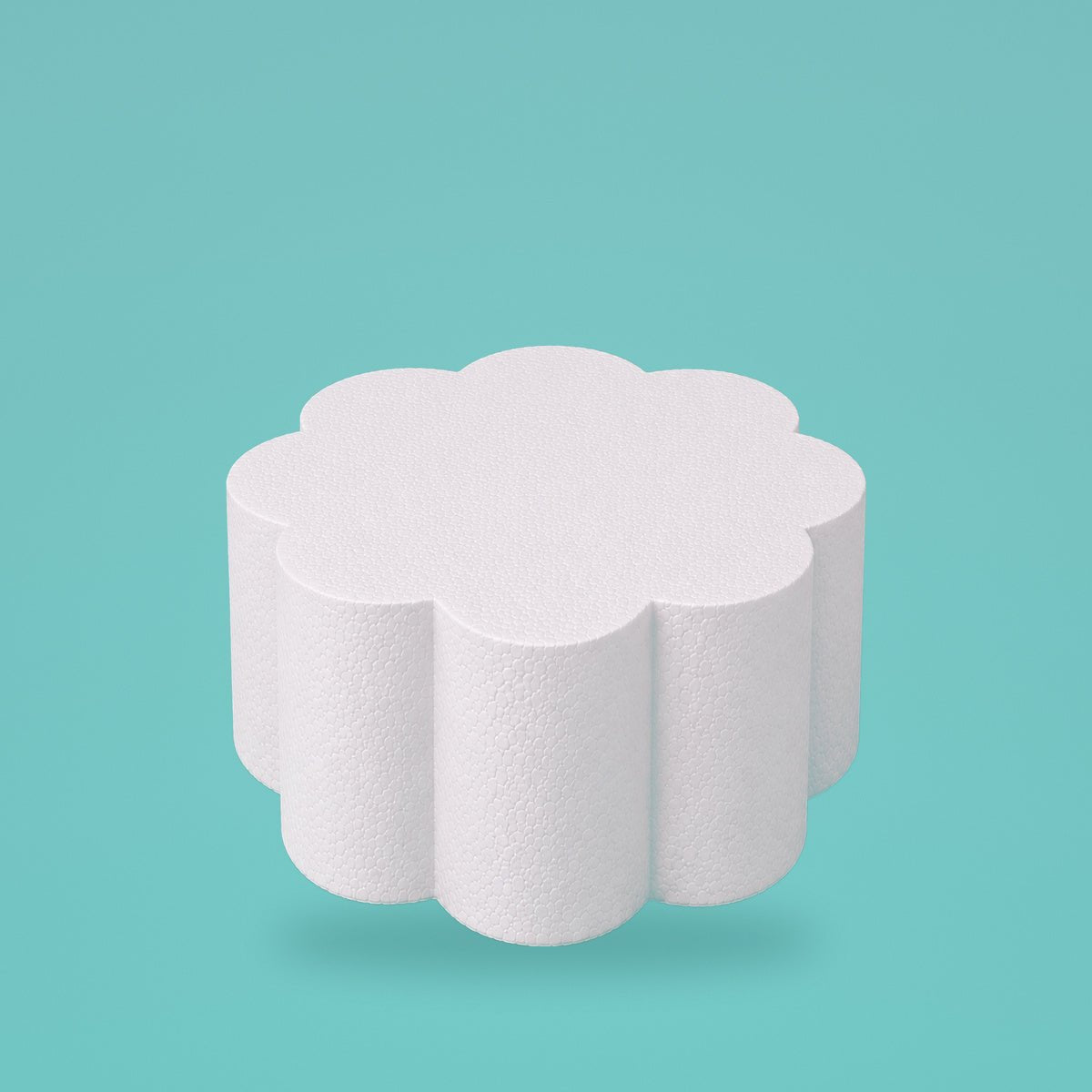 Petal foam cake dummy 8 inch diameter, 6 inch tall, rounded lobed edge, smooth white finish, ready to decorate