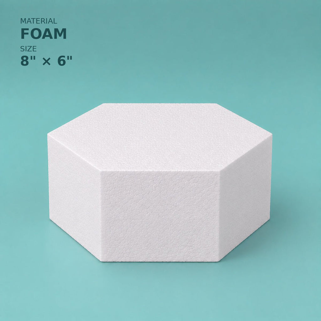 Hexagon foam cake dummy 8 inch point to point, 6 inch tall, smooth white finish, ready to decorate
