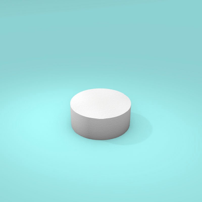 Round foam cake dummy 5 inch diameter by 2 inch tall, smooth white finish, ready to decorate