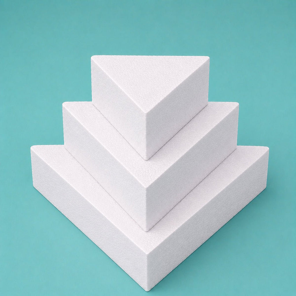 Three tier triangle foam cake dummy set, 8 inch, 11 inch and 14 inch point to point, each 5 inch tall, smooth white finish