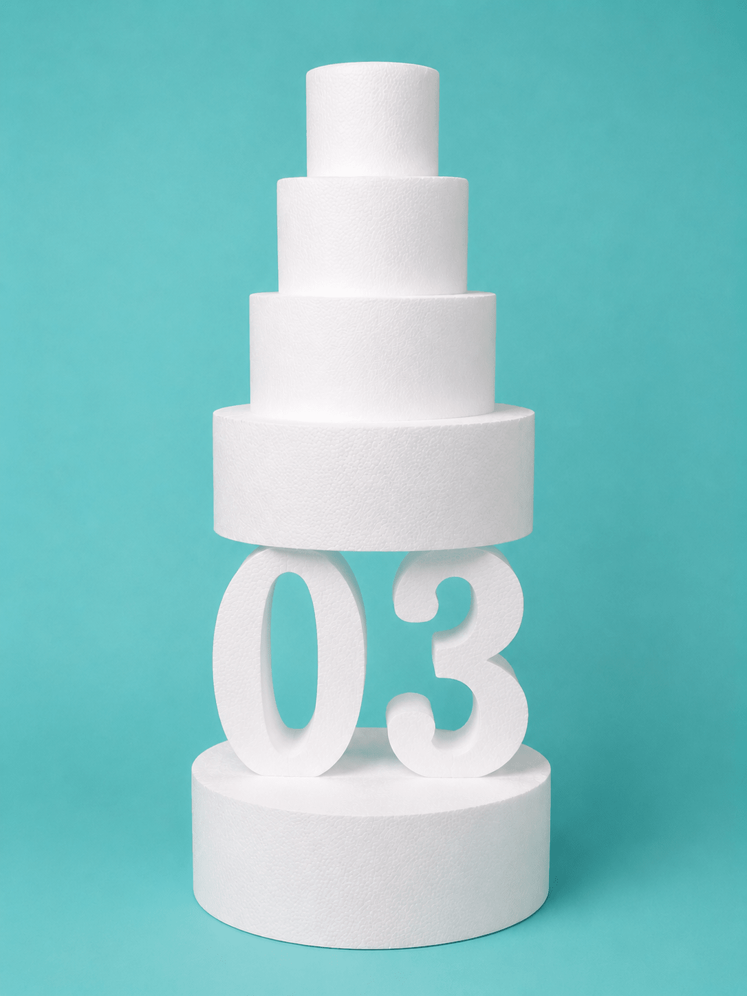Number 3 foam cake dummy, 14 inch tall digit, 6 inch thick, smooth white finish, ready to decorate