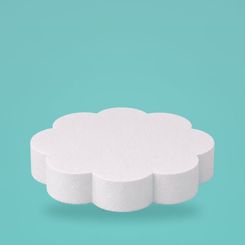 Petal foam cake dummy 10 inch diameter, 3 inch tall, rounded lobed edge, smooth white finish, ready to decorate