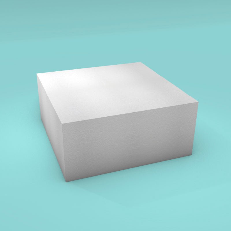 Square foam cake dummy 11 inch by 11 inch, 5 inch tall, smooth white finish, ready to decorate