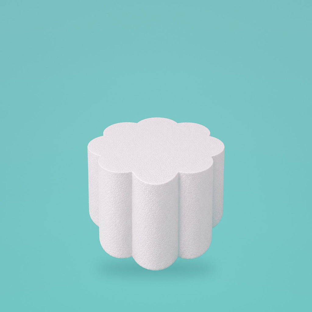 Petal foam cake dummy 6 inch diameter, 6 inch tall, rounded lobed edge, smooth white finish, ready to decorate
