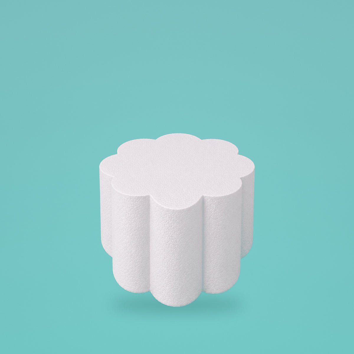 Petal foam cake dummy 6 inch diameter, 6 inch tall, rounded lobed edge, smooth white finish, ready to decorate
