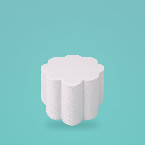 Petal foam cake dummy 6 inch diameter, 6 inch tall, rounded lobed edge, smooth white finish, ready to decorate