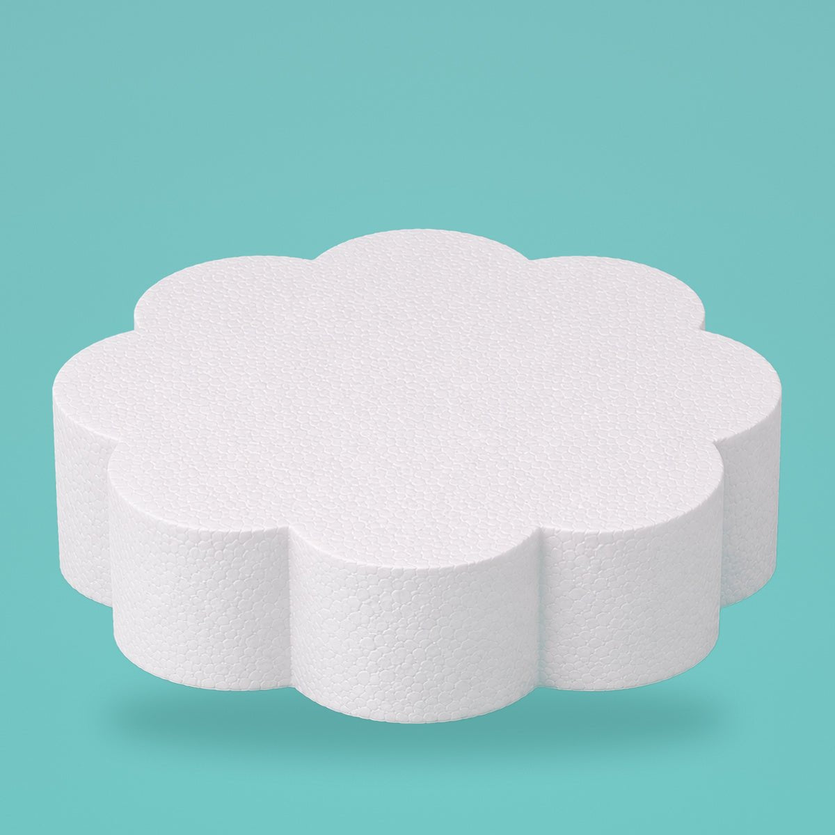 Petal foam cake dummy 12 inch diameter, 4 inch tall, rounded lobed edge, smooth white finish, ready to decorate