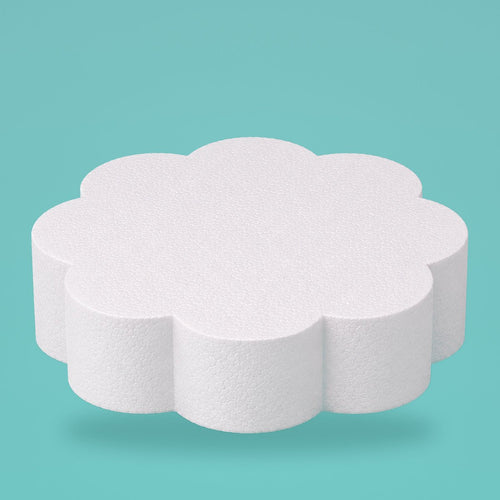 Petal foam cake dummy 12 inch diameter, 4 inch tall, rounded lobed edge, smooth white finish, ready to decorate