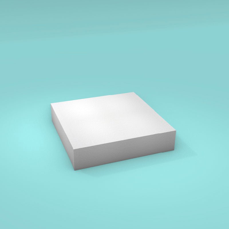 Square foam cake dummy 9 inch by 9 inch, 2 inch tall, smooth white finish, ready to decorate