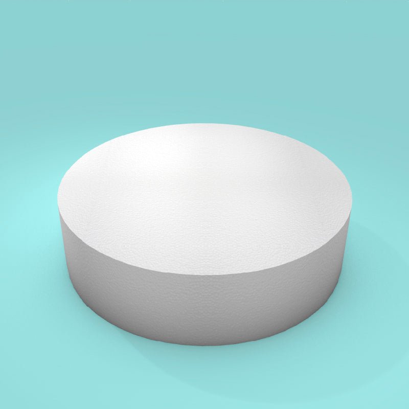 Round foam cake dummy 11 inch diameter by 3 inch tall, smooth white finish, ready to decorate