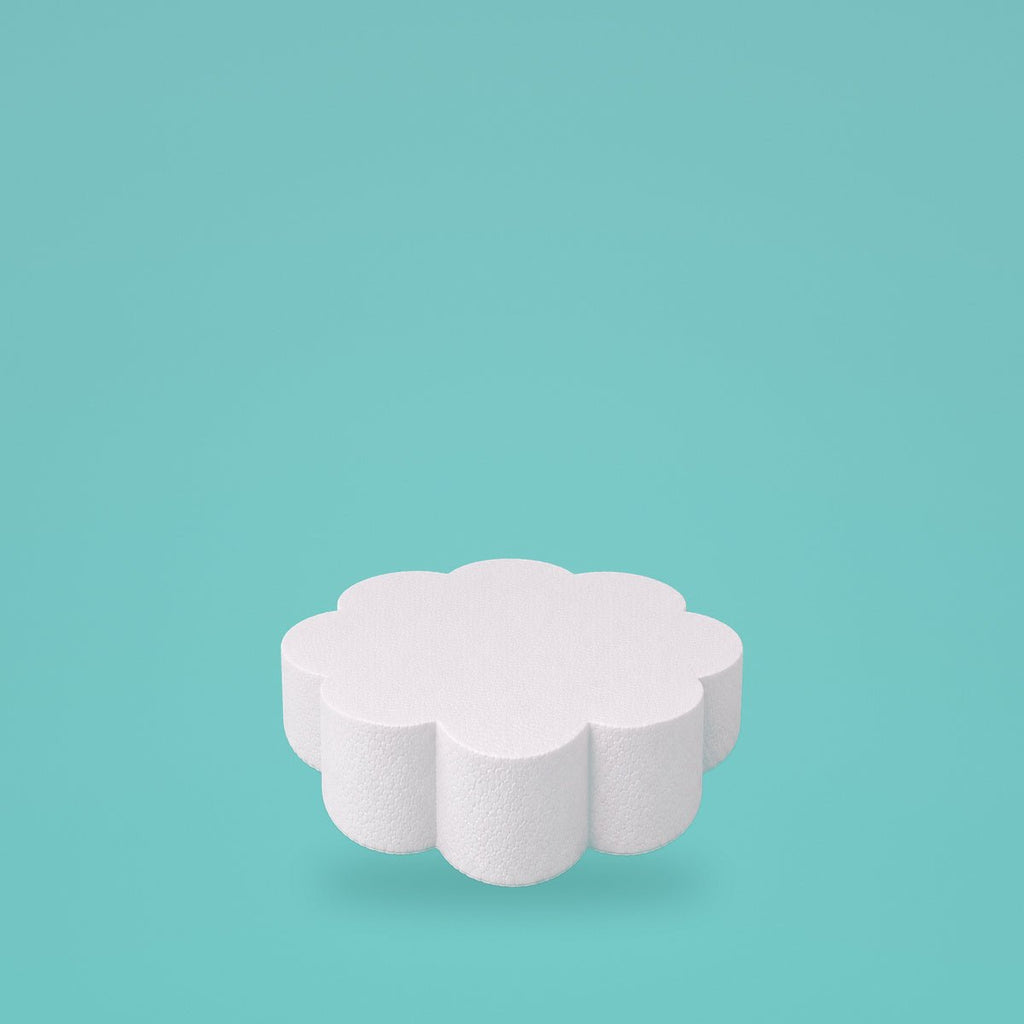 Petal foam cake dummy 6 inch diameter, 3 inch tall, rounded lobed edge, smooth white finish, ready to decorate